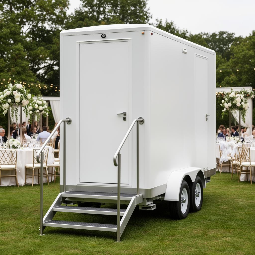 Luxury portable restroom trailer at an outdoor wedding