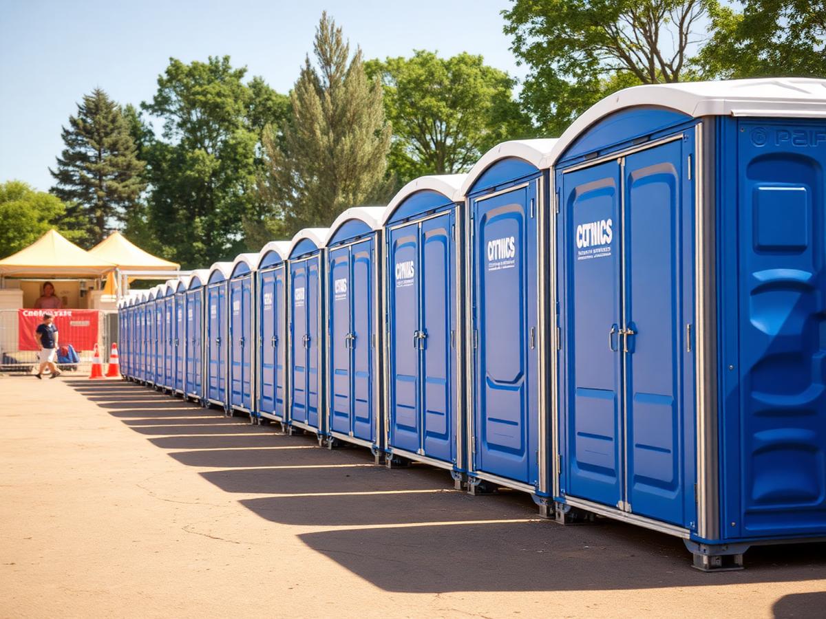 Standard portable restrooms lined up for an outdoor event